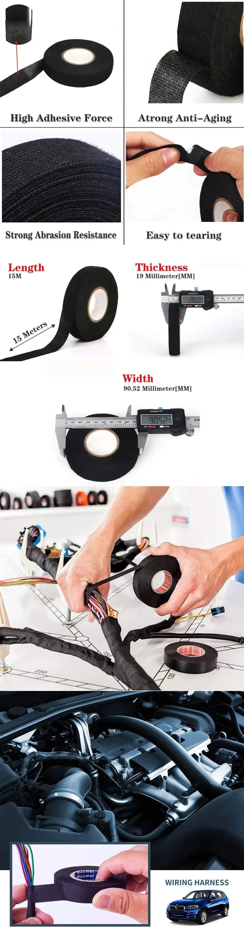 15m Heat-Proof Flame Retardant Cloth Tape – Car Wire & Cable Protector