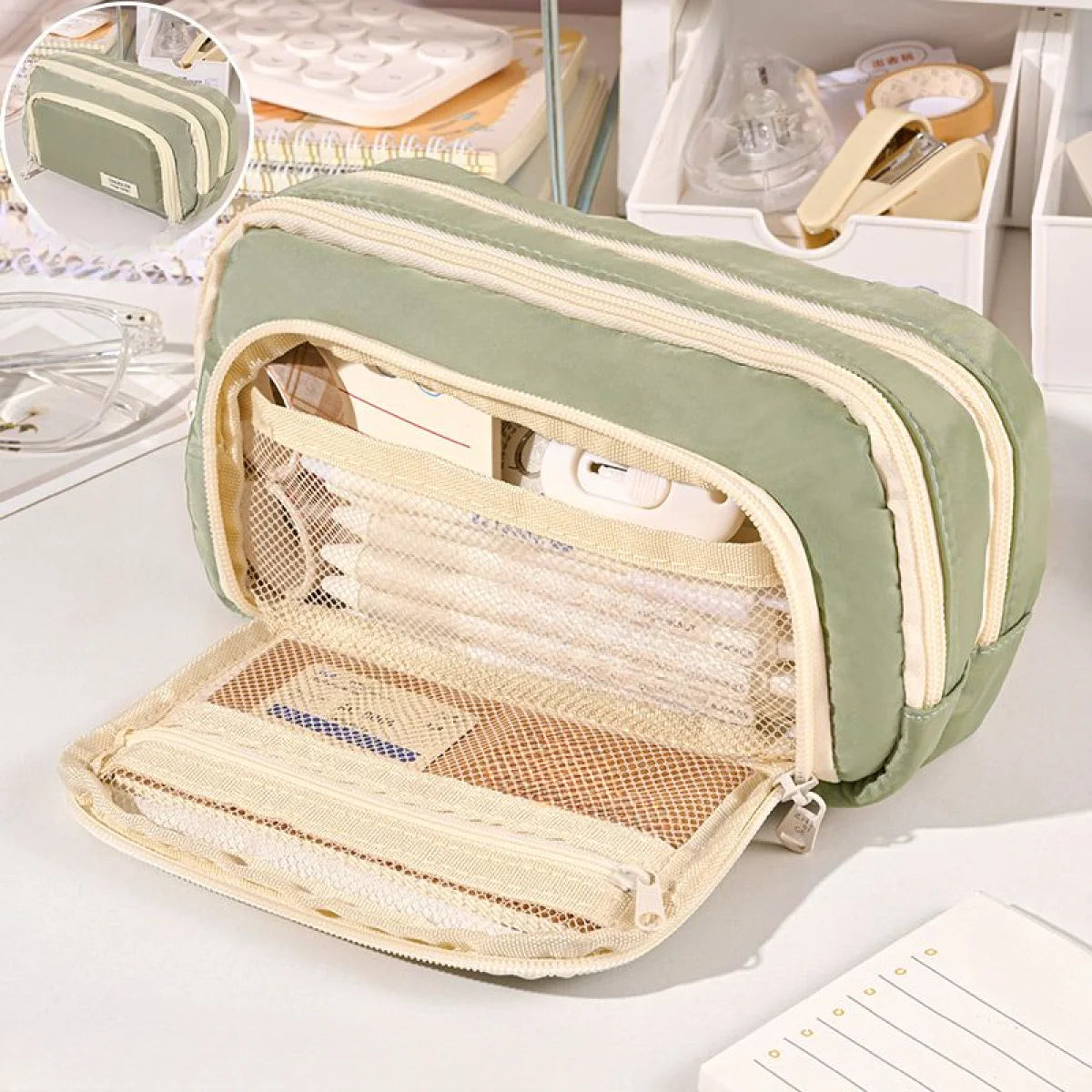 Large-Capacity Multi-Layer Organizer: Versatile Stationery & Makeup Pouch.