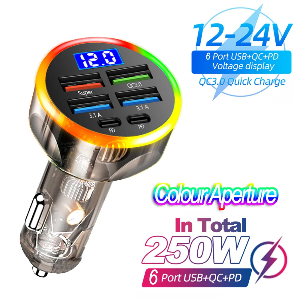 6-in-1 Fast Car Charger with Digital Display – PD & QC3.0