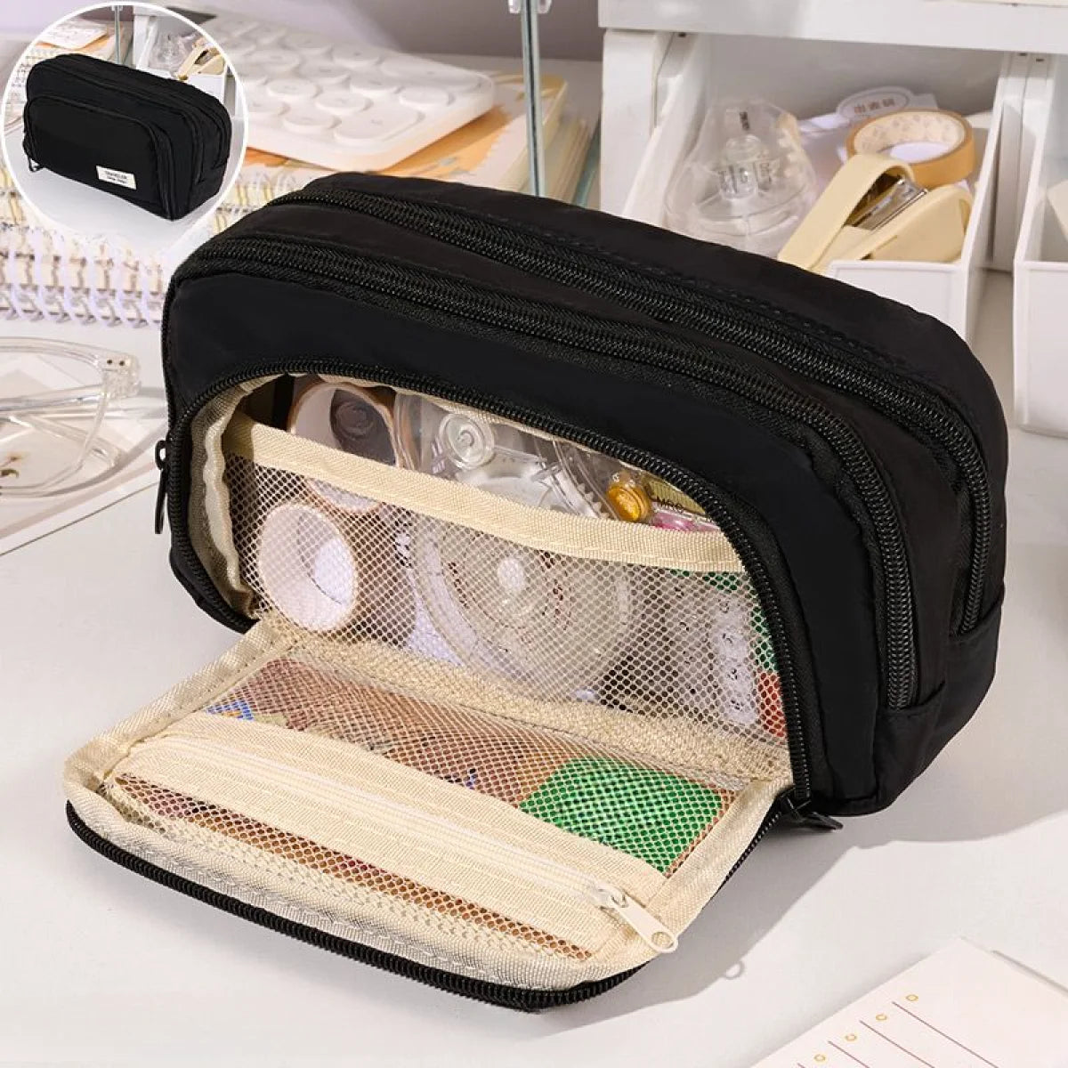 Large-Capacity Multi-Layer Organizer: Versatile Stationery & Makeup Pouch.