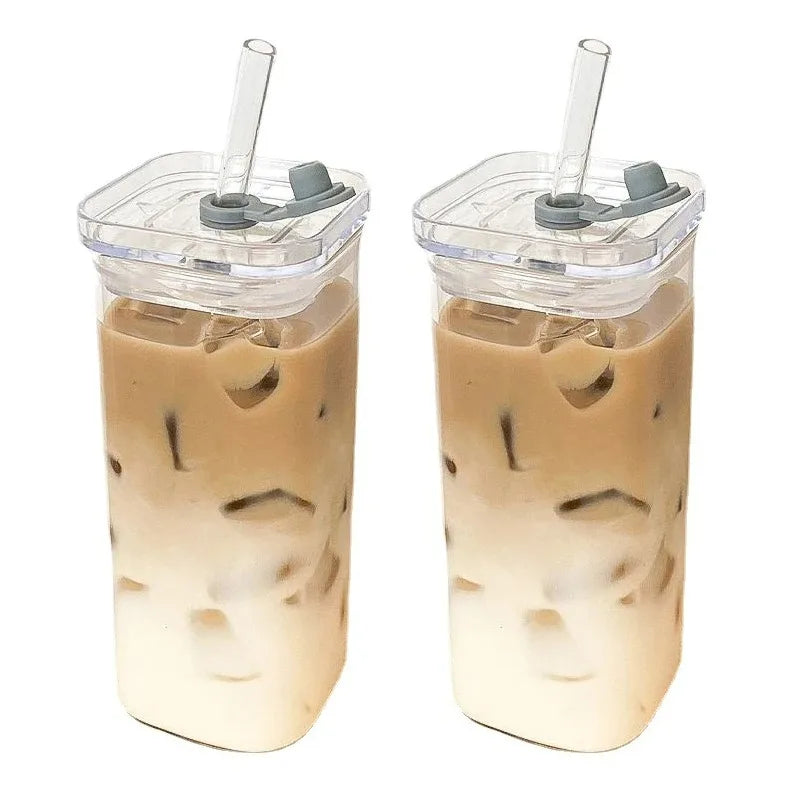 Square Heat-Resistant Glass Mug: Modern Drinkware with Lid & Straw.