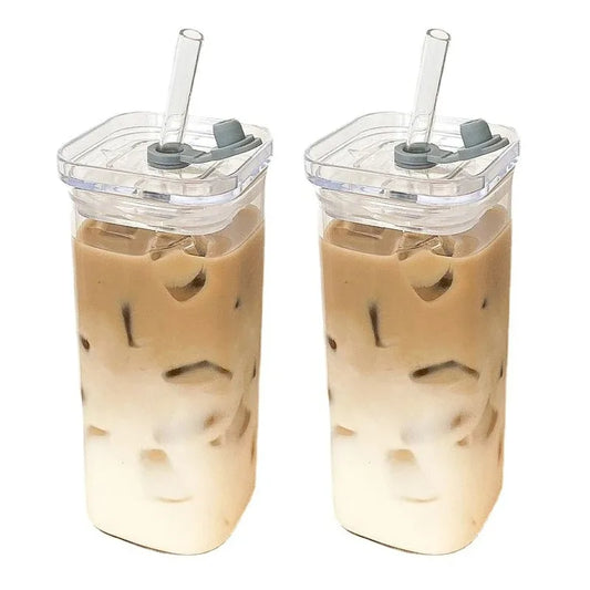 Square Heat-Resistant Glass Mug: Modern Drinkware with Lid & Straw.