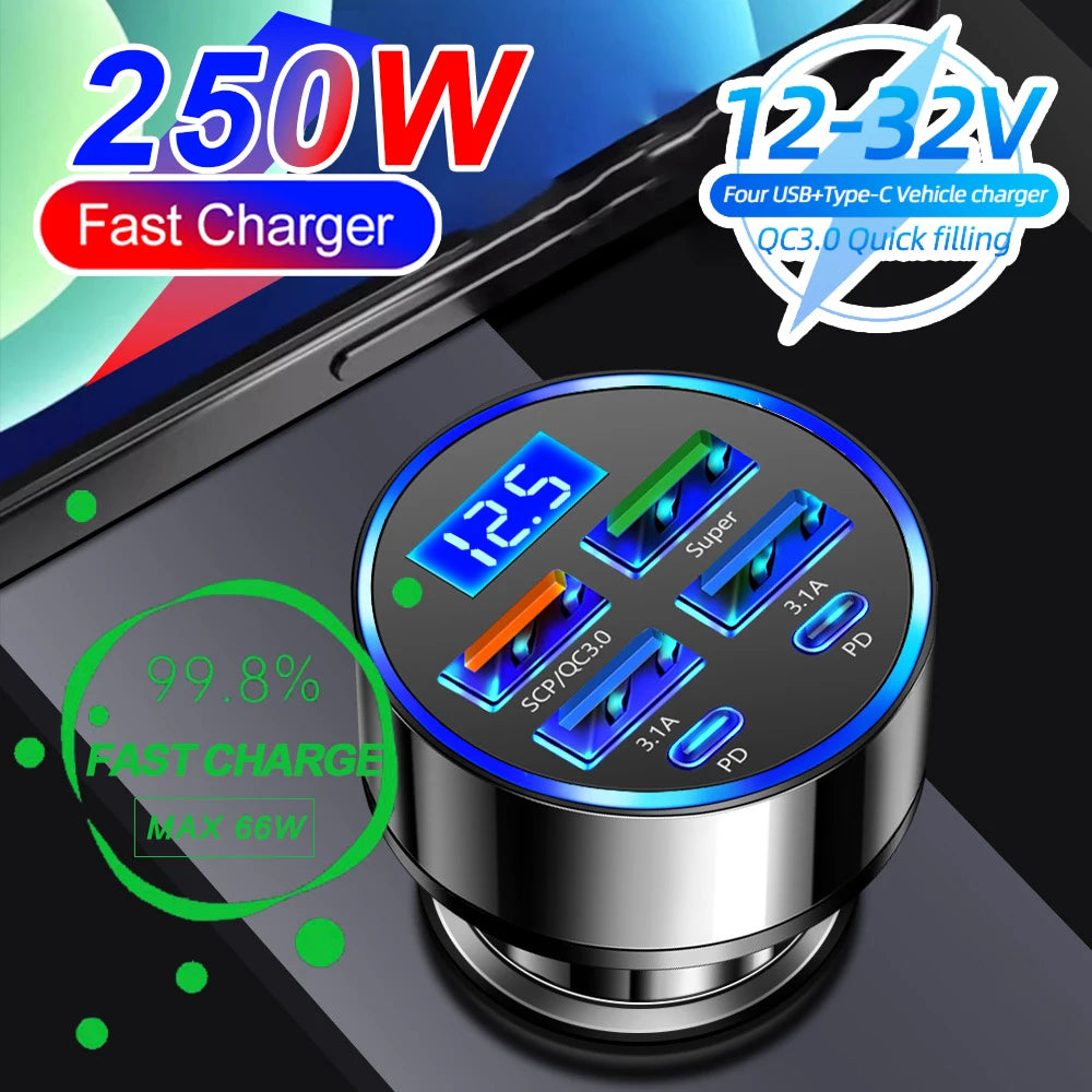 6-in-1 Fast Car Charger with Digital Display – PD & QC3.0