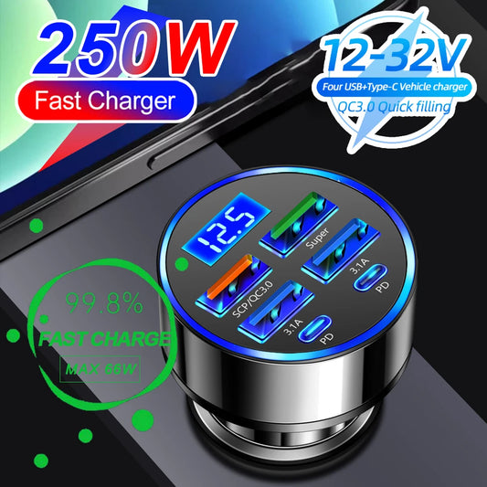 6-in-1 Fast Car Charger with Digital Display – PD & QC3.0