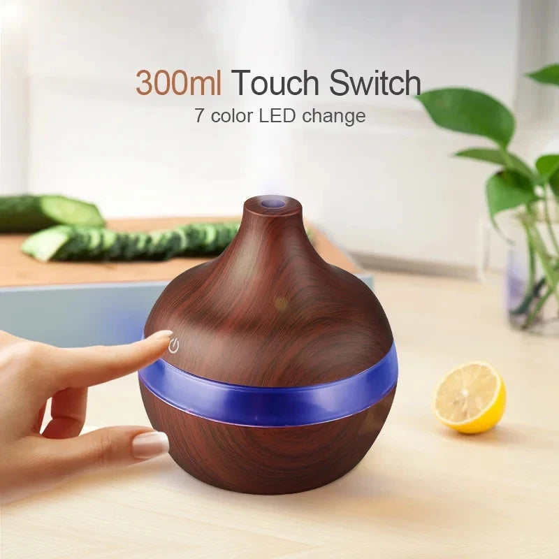 Wood Grain Ultrasonic Diffuser: 300ml Aroma & Cool Mist Humidifier.