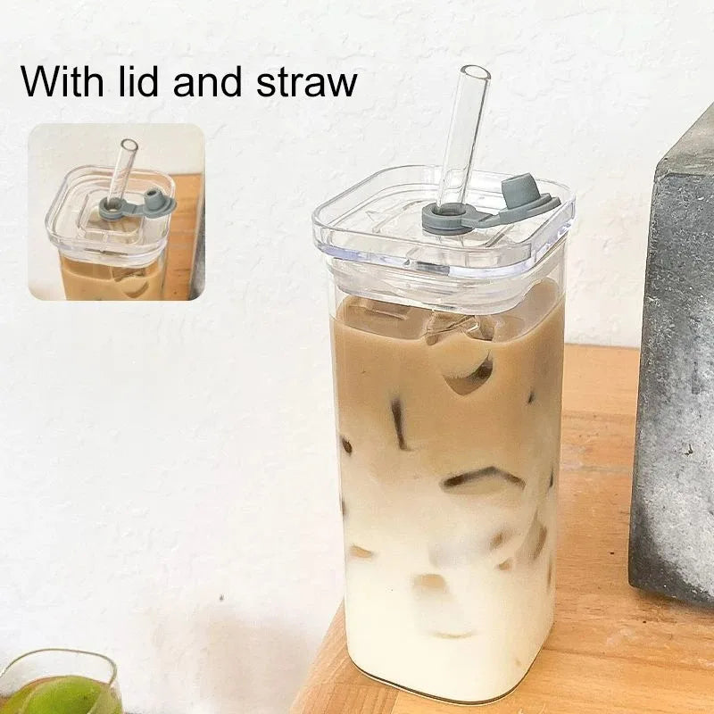 Square Heat-Resistant Glass Mug: Modern Drinkware with Lid & Straw.