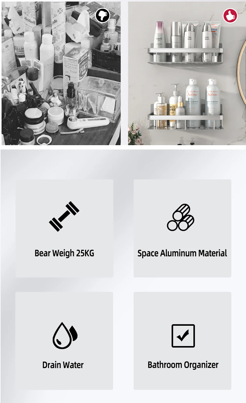 Wall-Mounted Shower & Shampoo Storage Rack.