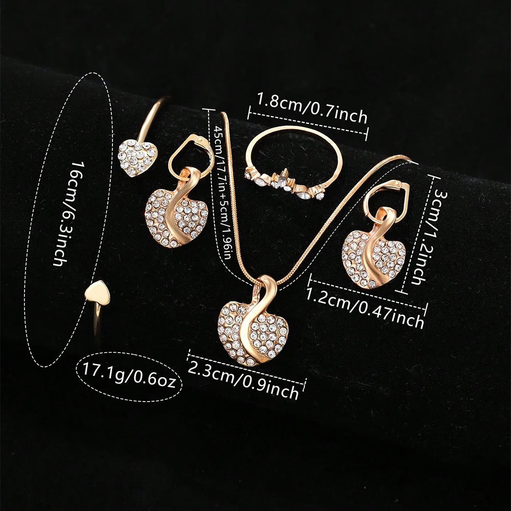 4-Piece Luxury Gold Jewelry Set: Quartz Watch, Ring, Necklace & Rhinestone Earrings.
