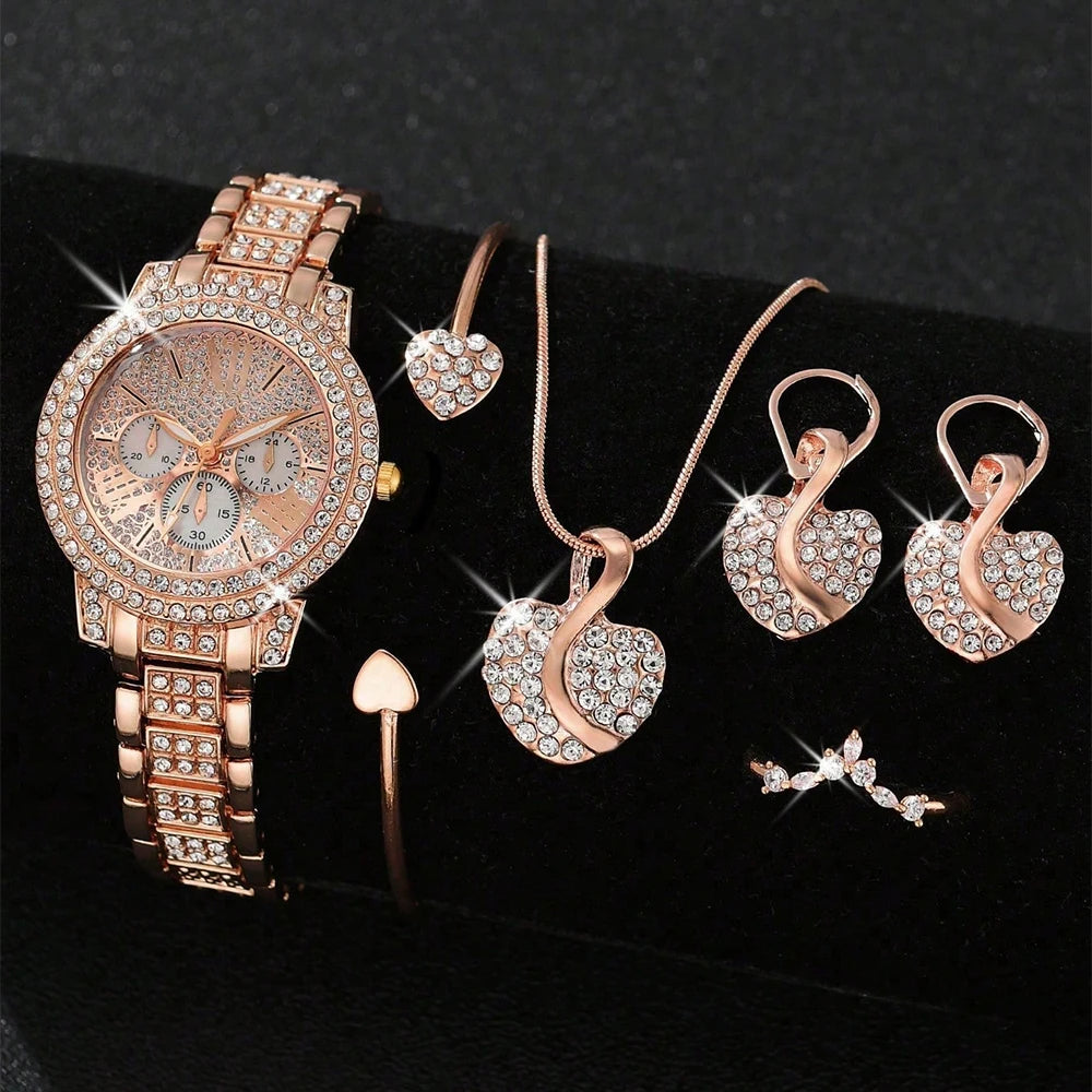 4-Piece Luxury Gold Jewelry Set: Quartz Watch, Ring, Necklace & Rhinestone Earrings.