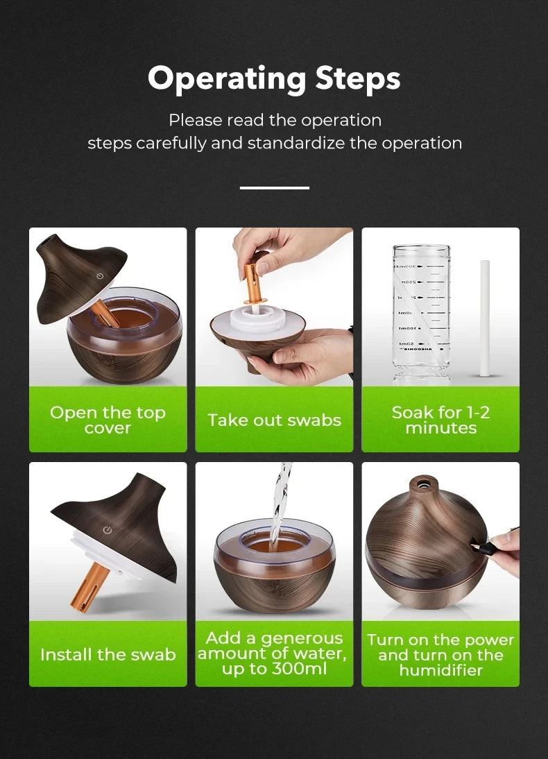 Wood Grain Ultrasonic Diffuser: 300ml Aroma & Cool Mist Humidifier.