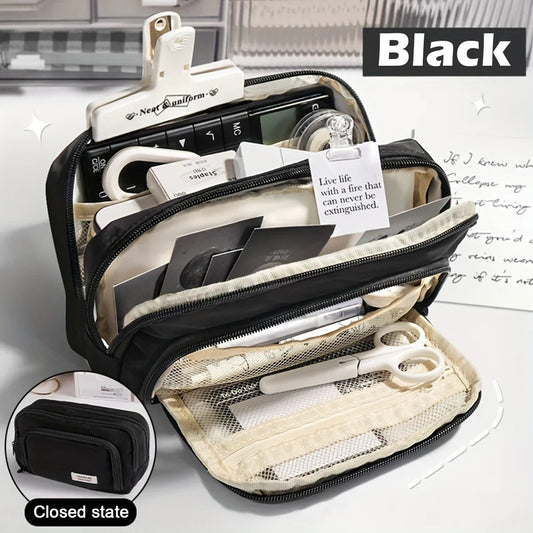 Large-Capacity Multi-Layer Organizer: Versatile Stationery & Makeup Pouch.