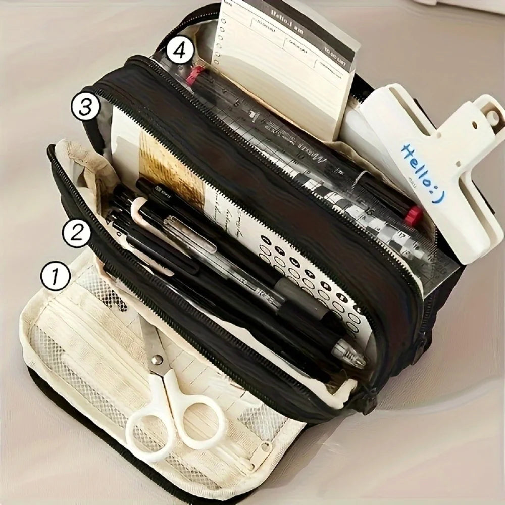 Large-Capacity Multi-Layer Organizer: Versatile Stationery & Makeup Pouch.