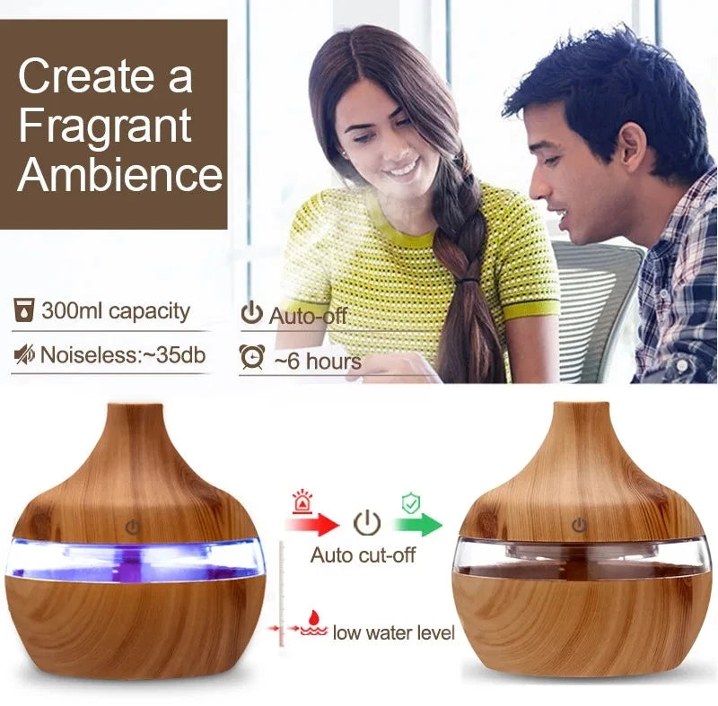 Wood Grain Ultrasonic Diffuser: 300ml Aroma & Cool Mist Humidifier.