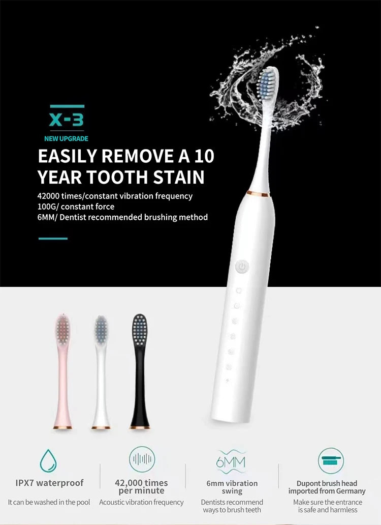 Electric Ultrasonic Toothbrush – 6-Speed Waterproof USB Rechargeable Set