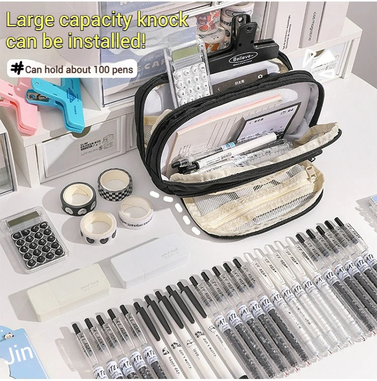 Large-Capacity Multi-Layer Organizer: Versatile Stationery & Makeup Pouch.