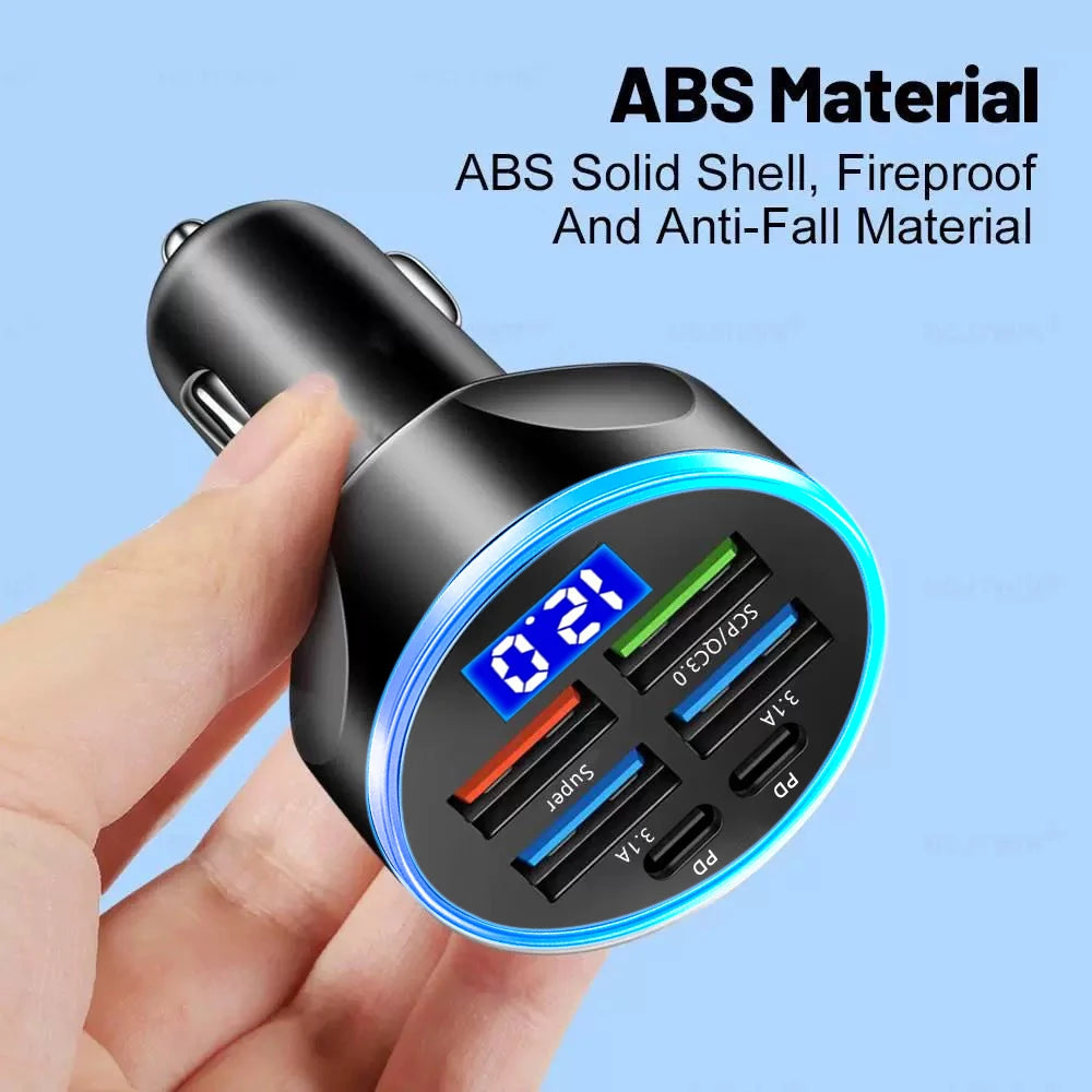 6-in-1 Fast Car Charger with Digital Display – PD & QC3.0