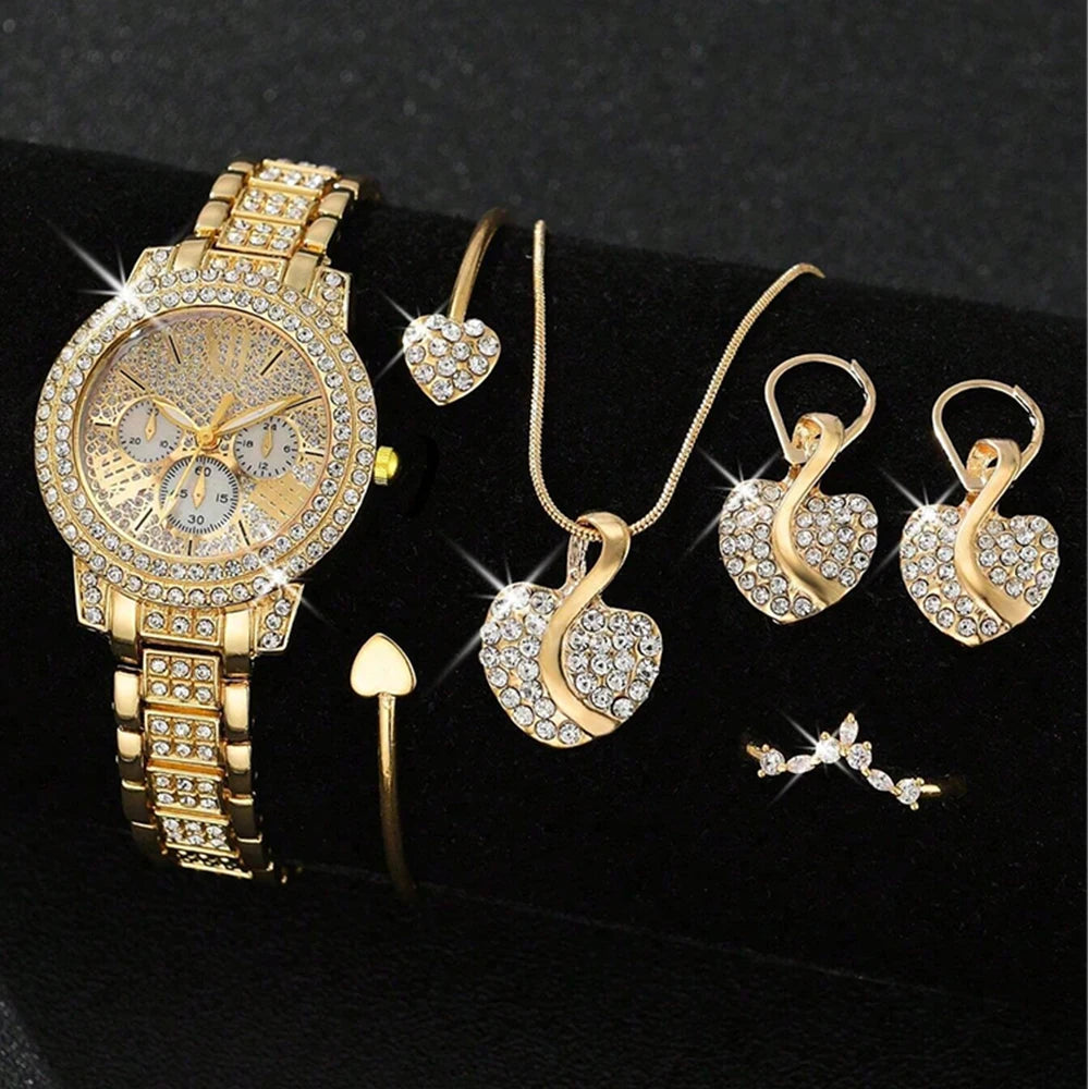 4-Piece Luxury Gold Jewelry Set: Quartz Watch, Ring, Necklace & Rhinestone Earrings.
