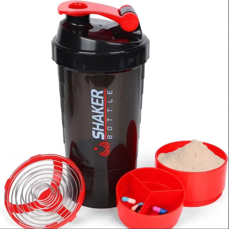 2-Tier Protein Shaker Bottle: Integrated Power Container for Gym & Fitness.