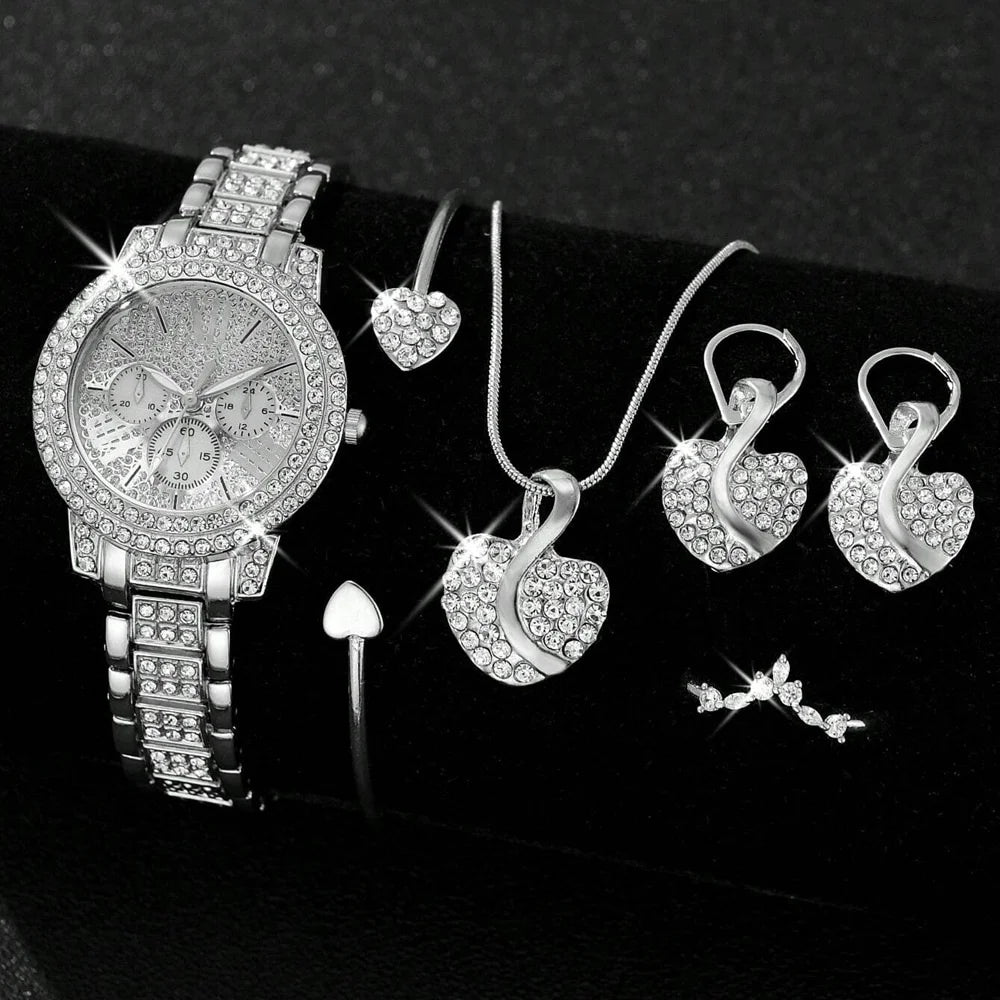 4-Piece Luxury Gold Jewelry Set: Quartz Watch, Ring, Necklace & Rhinestone Earrings.