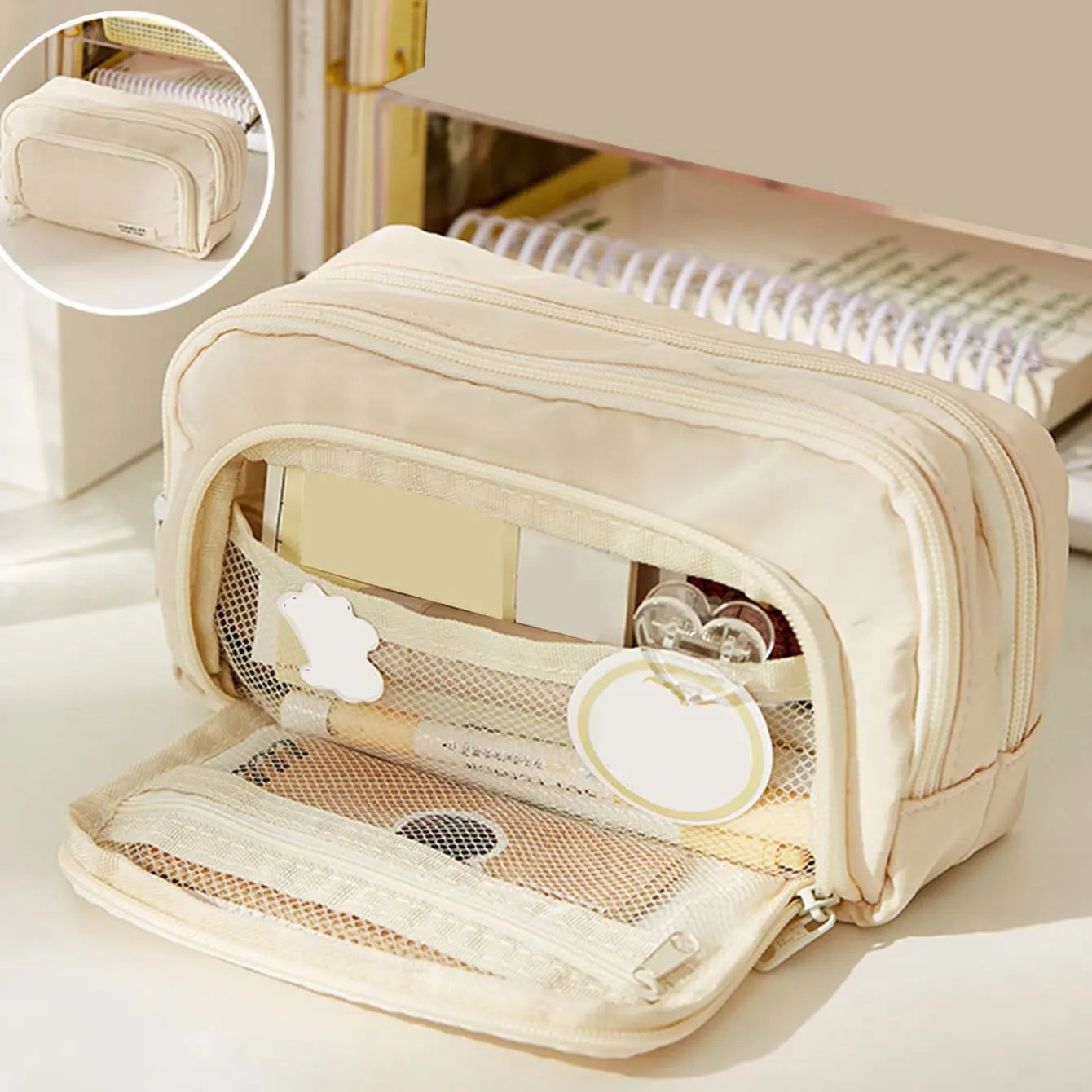 Large-Capacity Multi-Layer Organizer: Versatile Stationery & Makeup Pouch.