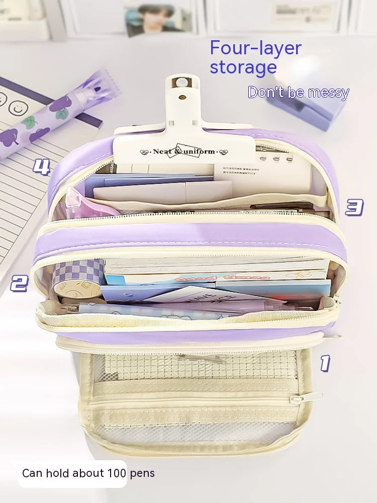 Large-Capacity Multi-Layer Organizer: Versatile Stationery & Makeup Pouch.
