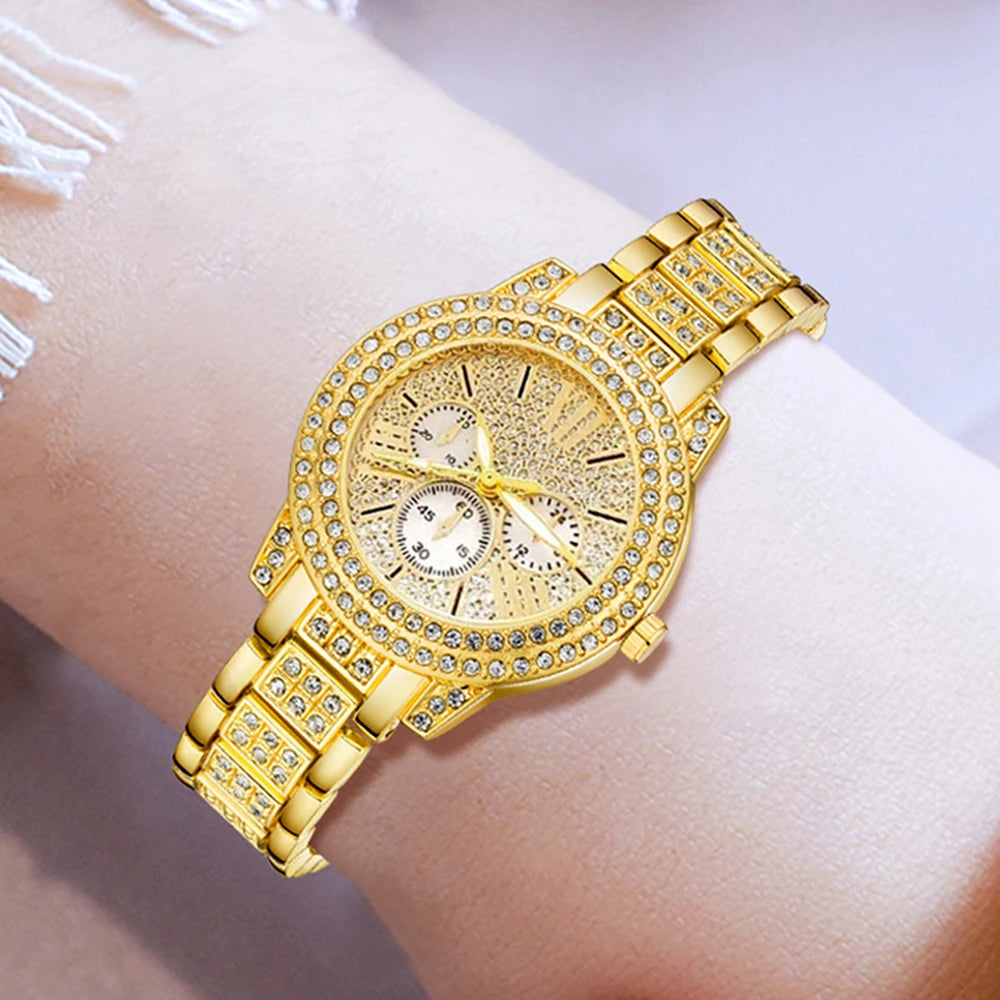 4-Piece Luxury Gold Jewelry Set: Quartz Watch, Ring, Necklace & Rhinestone Earrings.