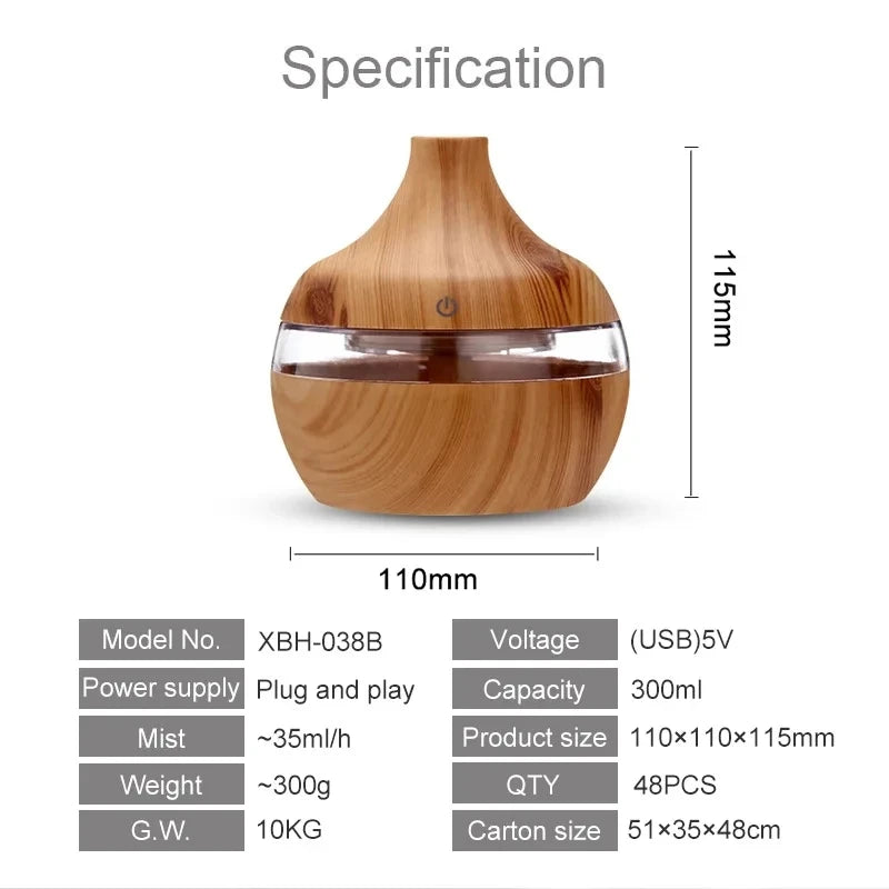 Wood Grain Ultrasonic Diffuser: 300ml Aroma & Cool Mist Humidifier.