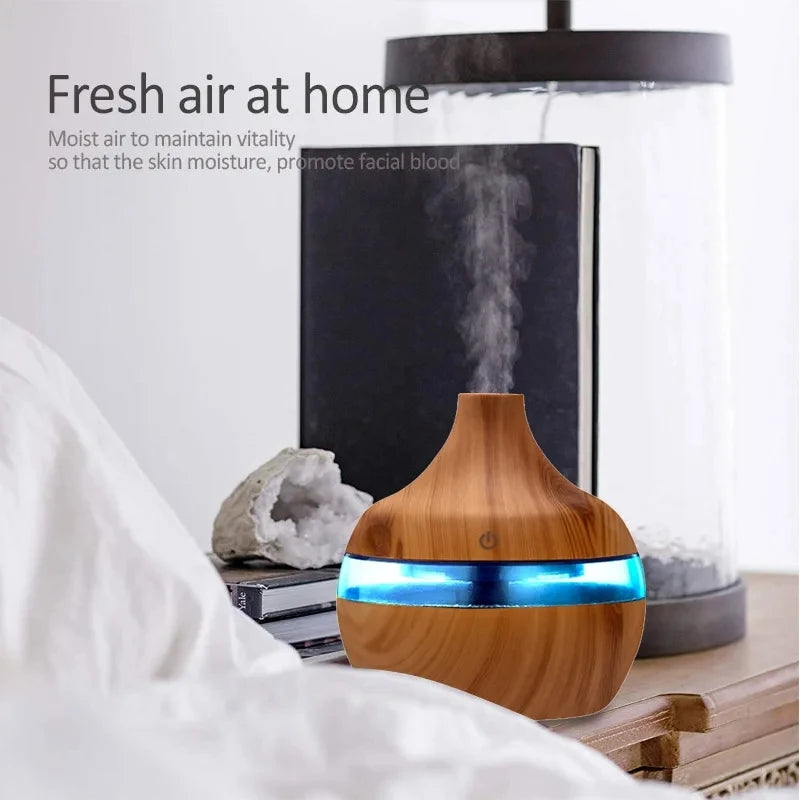 Wood Grain Ultrasonic Diffuser: 300ml Aroma & Cool Mist Humidifier.