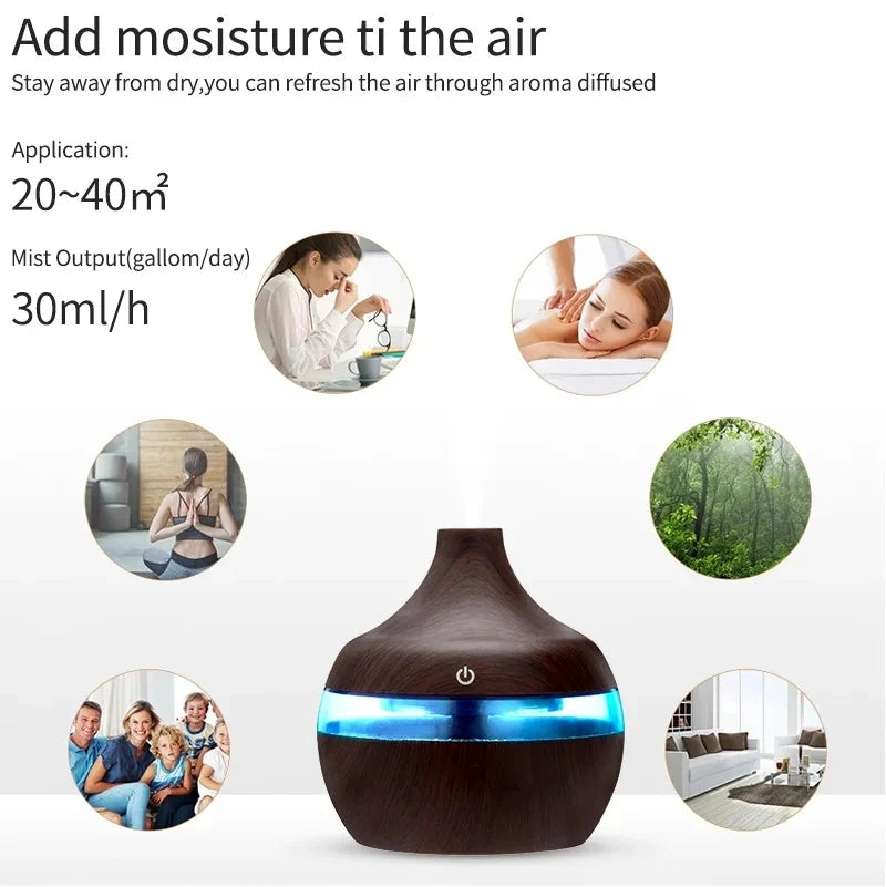 Wood Grain Ultrasonic Diffuser: 300ml Aroma & Cool Mist Humidifier.