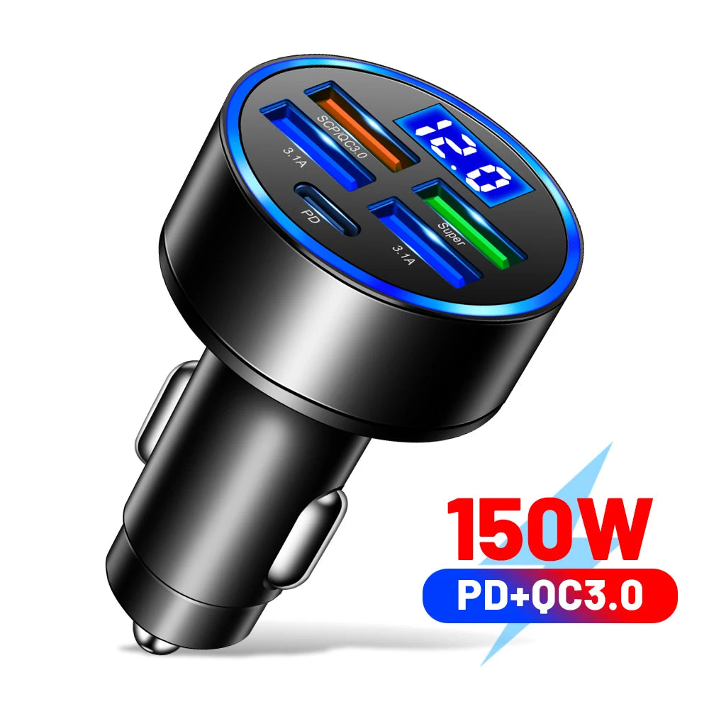 6-in-1 Fast Car Charger with Digital Display – PD & QC3.0