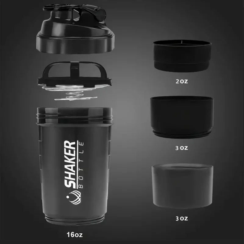 2-Tier Protein Shaker Bottle: Integrated Power Container for Gym & Fitness.