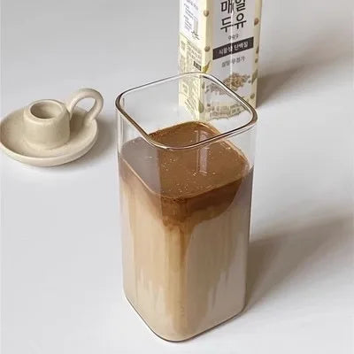 Square Heat-Resistant Glass Mug: Modern Drinkware with Lid & Straw.