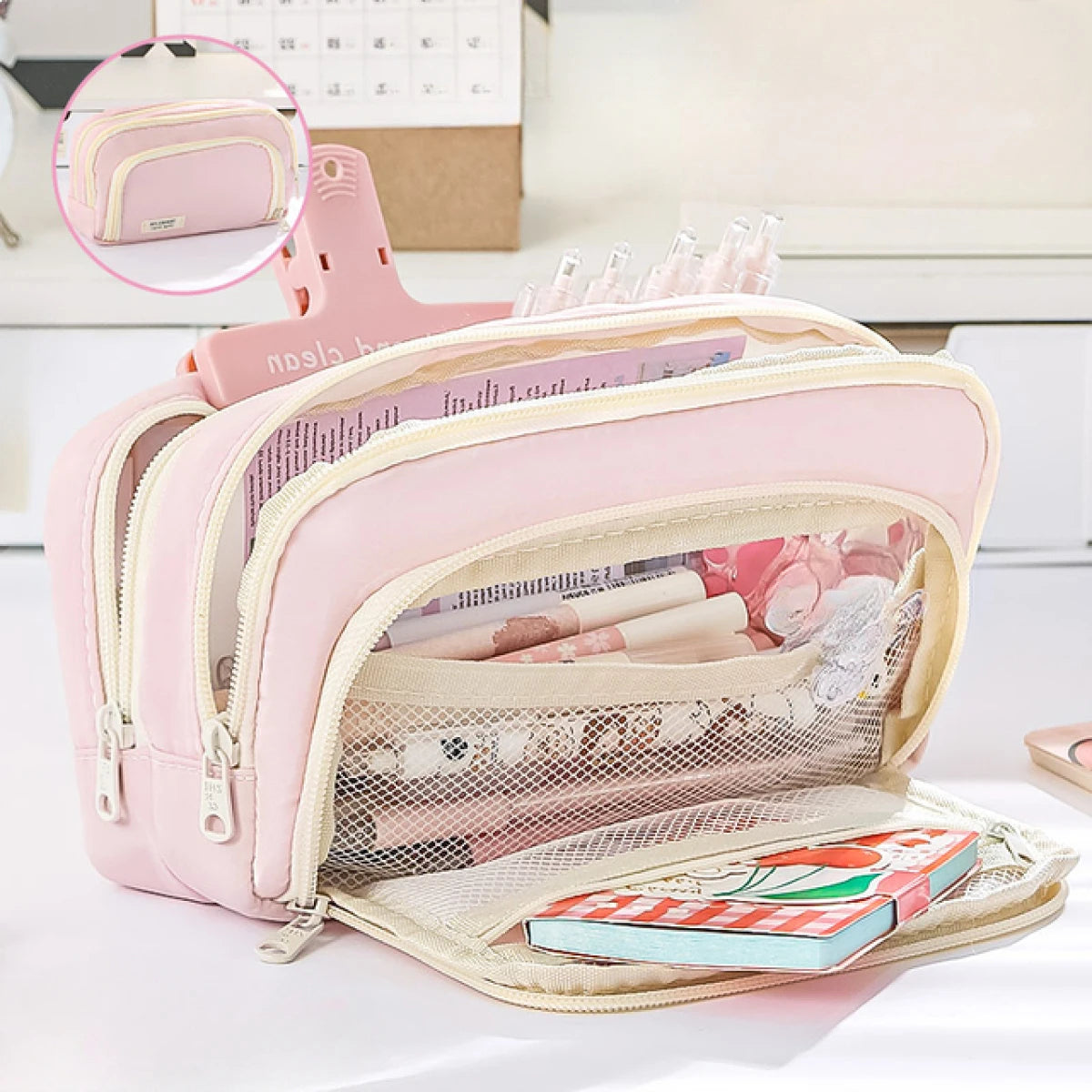 Large-Capacity Multi-Layer Organizer: Versatile Stationery & Makeup Pouch.